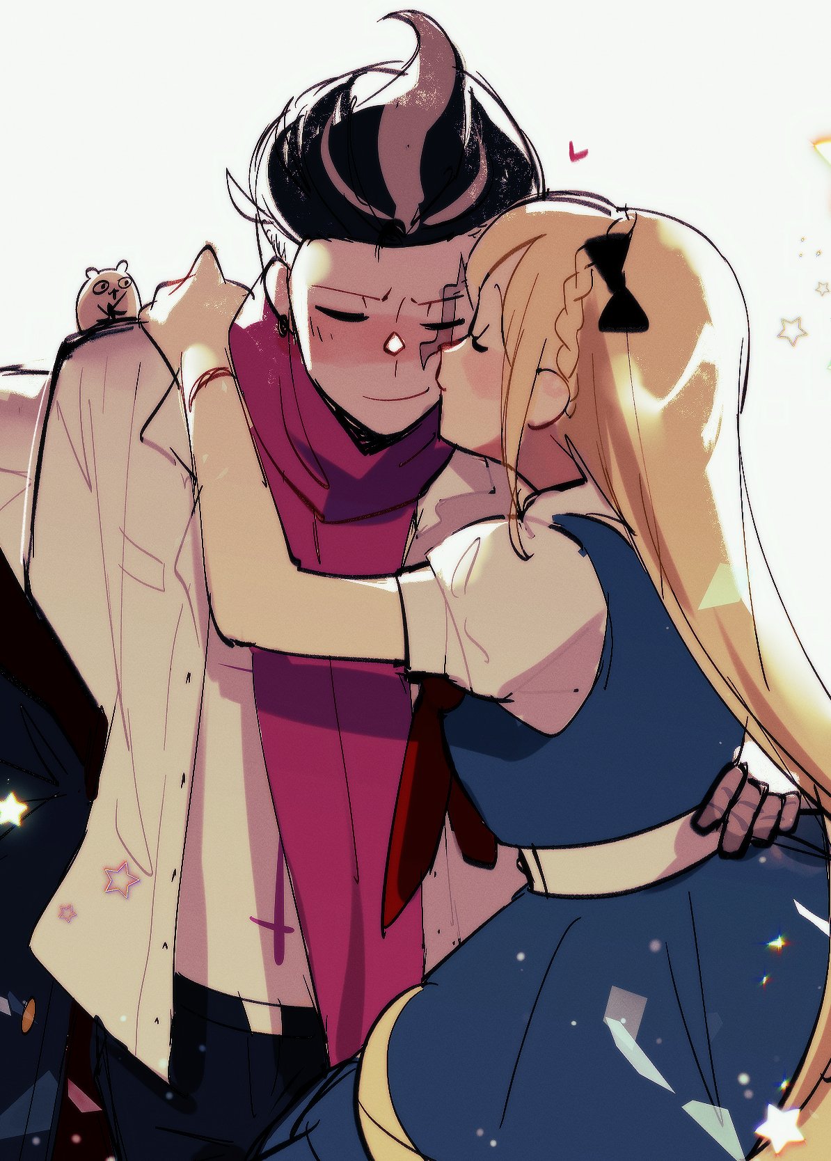 the image features a young anime couple embracing. the female character, with blonde hair and a blue dress, is leaning in to kiss the male character, who has black hair and is wearing a white shirt and a pink scarf. the background is soft and light, with stars and light dots. the overall vibe is happy and romantic.