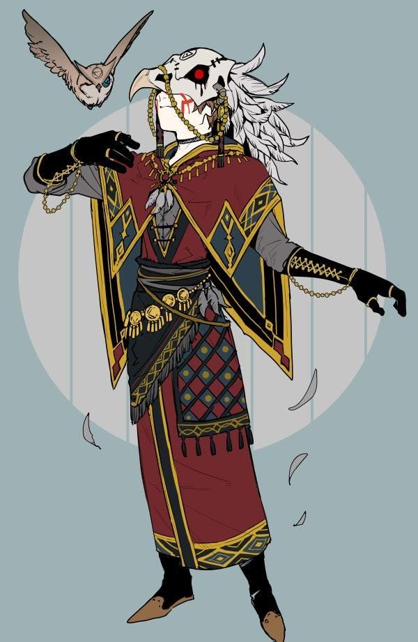 a digital illustration of a fantastical humanlike character wearing a birdlike mask and a red cape. the character has a white bird in its hand and is adorned in gold jewelry. the character is depicted with a gray and white background.