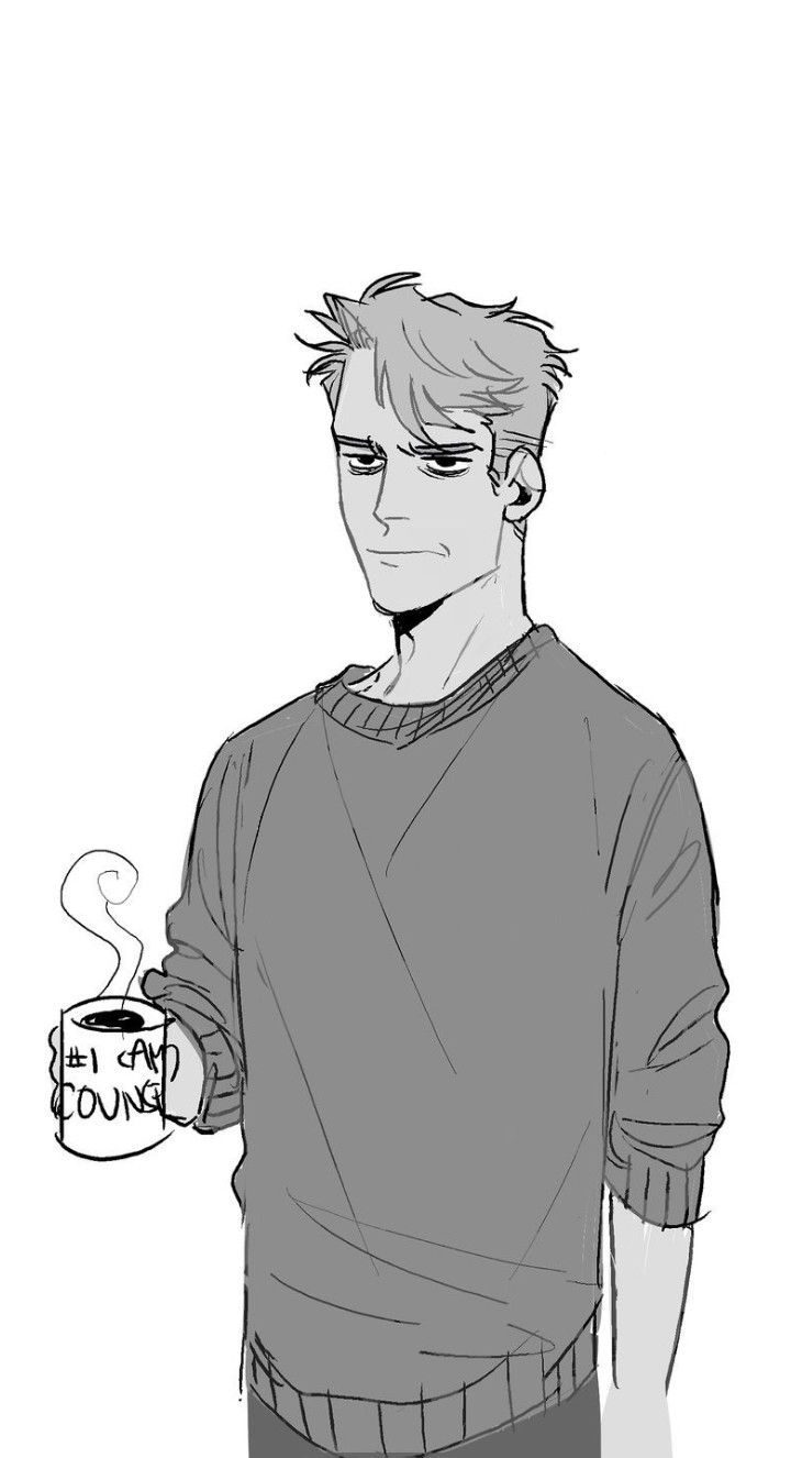 a black and white drawing of a young man with brown hair holding a coffee mug.  he is wearing a long sleeve sweater and looks to the side.  the man's face is drawn in a serious, almost bored expression. the coffee mug is labeled "i am #1 counc".  the background is white.