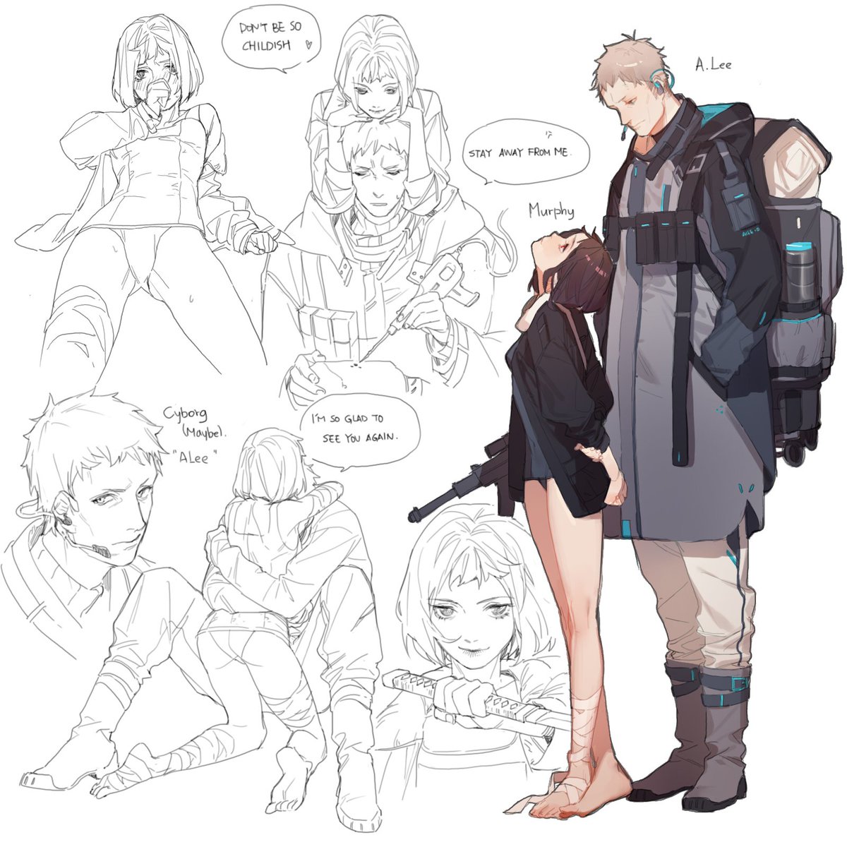 the image is a sketch of a group of anime characters. the characters are all drawn in a very detailed and realistic style. the image features a woman with short hair, a man with a cyborg arm, and a couple of other characters. the characters are all drawn in the midst of an action scene, with a lot of dynamic poses and expressions. the image is very welldrawn and engaging. the story of this drawing seems to be about two lovers with different paths, one is a soldier with an advanced cyborg arm and the other is a civilian.  they’re trying to meet but the soldier’s mission forces him to put his duty first.