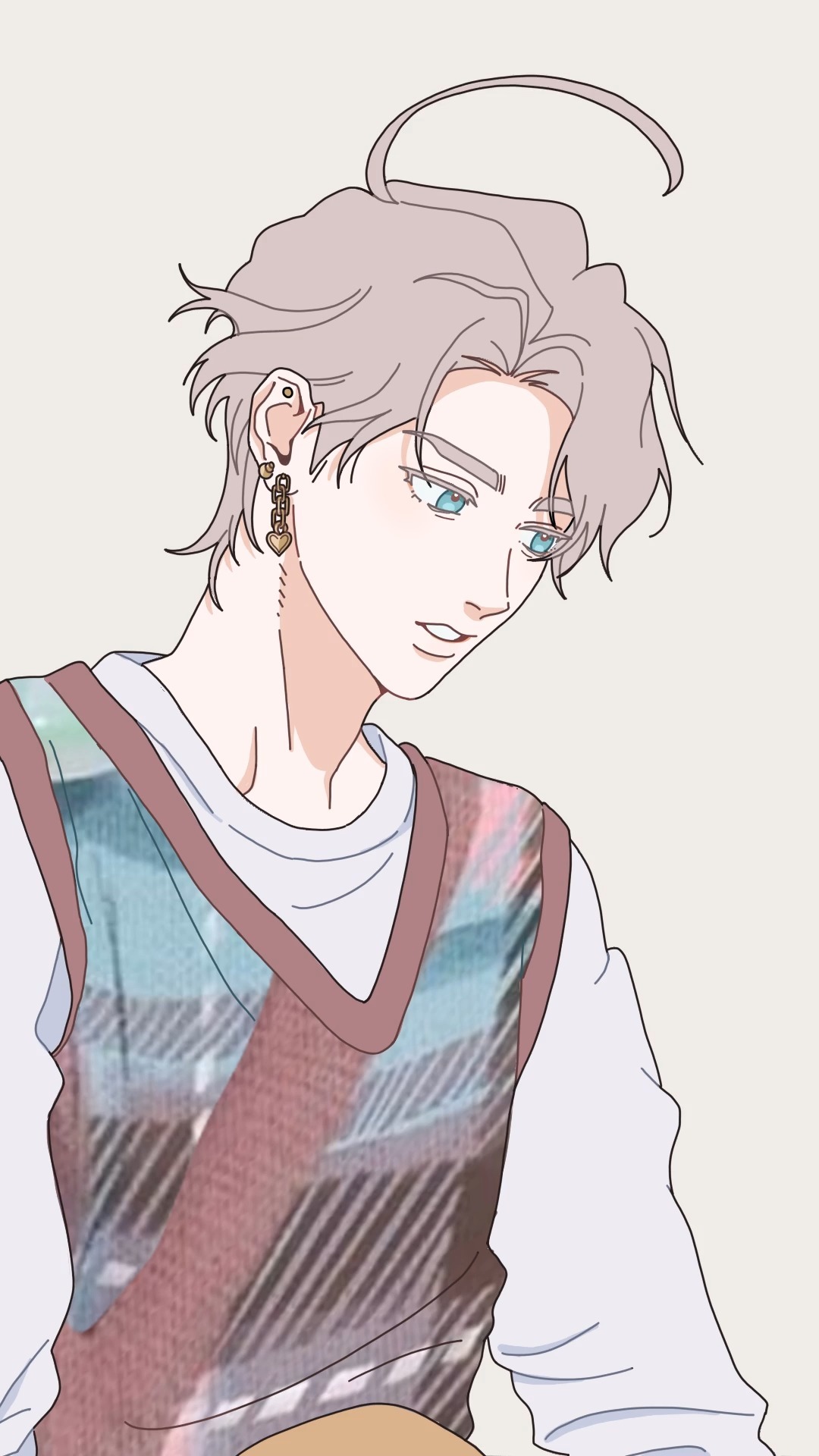 the image is a digital illustration of a young animestyle male character. he has short, lightcolored (possibly silver or blond) hair styled in a slightly messy, casual way. he's wearing a pastelcolored, plaid patterned sweater vest over a plain white shirt.  his expression is soft and pensive.  the art style is minimalist and cleanlined, using primarily pastel colors and simple shading. the overall mood is calm and gentle.  he has small earrings visible in his ear.