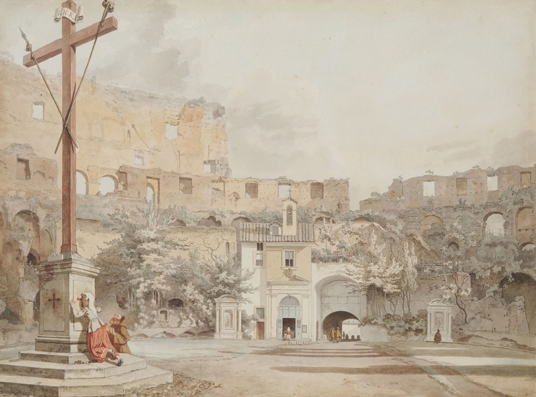the image is a watercolor painting depicting the colosseum in rome, italy. a large wooden cross stands prominently in the foreground on a tiered stone base. to the right of the cross, two people are kneeling in what appears to be a prayerful or distressed pose. in the background, the ruins of the colosseum rise, showing its weathered and broken structure. a small chapel or church is positioned in front of the ruins, featuring an arched entrance and a small bell tower. several people are gathered near the entrance to the chapel. an arched passageway or tunnel is visible next to the chapel. trees and foliage are interspersed throughout the scene, adding a touch of nature to the ancient setting. the sky is overcast with light clouds, creating a soft and diffused light across the painting.