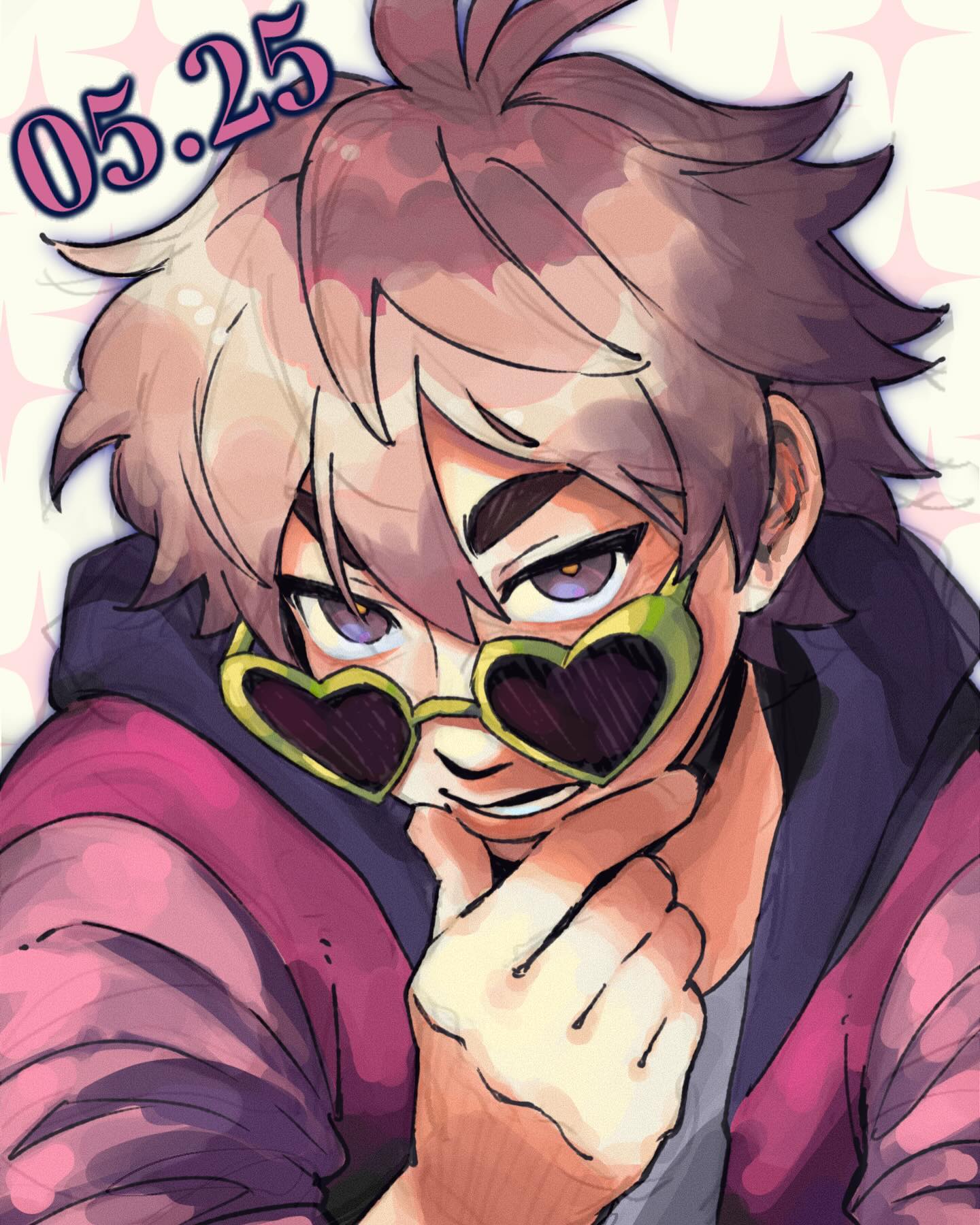 the image is a digital drawing or painting in an anime/manga style. it depicts a young man with light brown, slightly messy hair, wearing a pink hoodie and large, heartshaped green sunglasses.  he has a thoughtful or slightly smug expression, with his hand resting under his chin. the art style is loose and painterly, with visible brush strokes and a somewhat vibrant color palette. the date "05.25" is prominently displayed in the upper left corner, possibly indicating a birthday or other significant date. the background is a soft, pastel pattern. the overall impression is one of casual coolness and youthfulness.