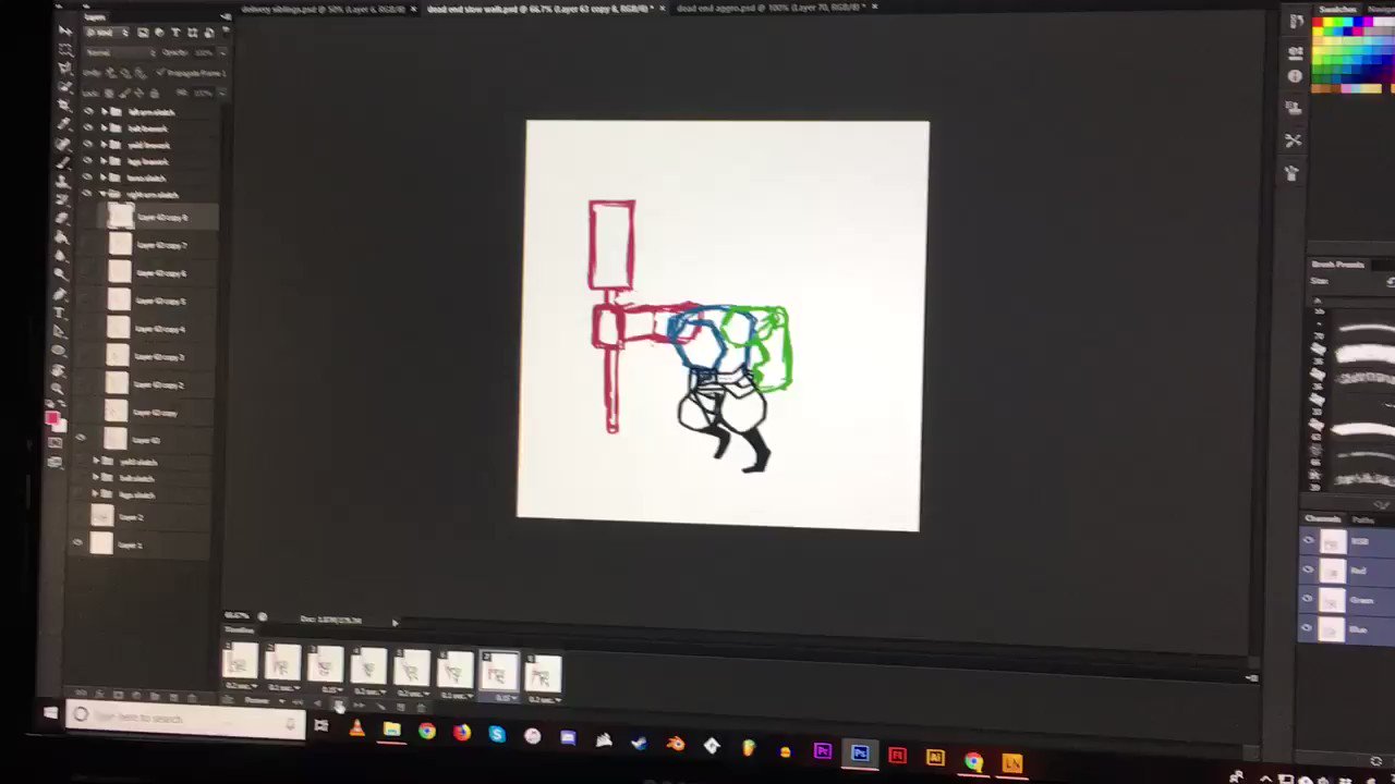 the image shows a screenshot of a computer screen displaying a digital illustration in progress in adobe illustrator. the illustration is a stylized, graphic representation of a figure holding a hammerlike object, created using bold outlines in red, green, blue, and black on a white background. the illustrator interface is visible, with various tools, panels, and layers surrounding the artwork.