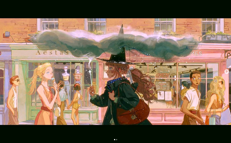 an animestyle cartoon image of a young woman dressed as a witch walking down a street. she is wearing a black witch hat and a black and green dress. the woman is walking through a light rain.  she is holding a magic wand and a brown leather bag. the street is lined with shops and buildings. there are several other people walking around, and some are shopping and eating ice cream. the scene is set in a town or city on a sunny summer day.