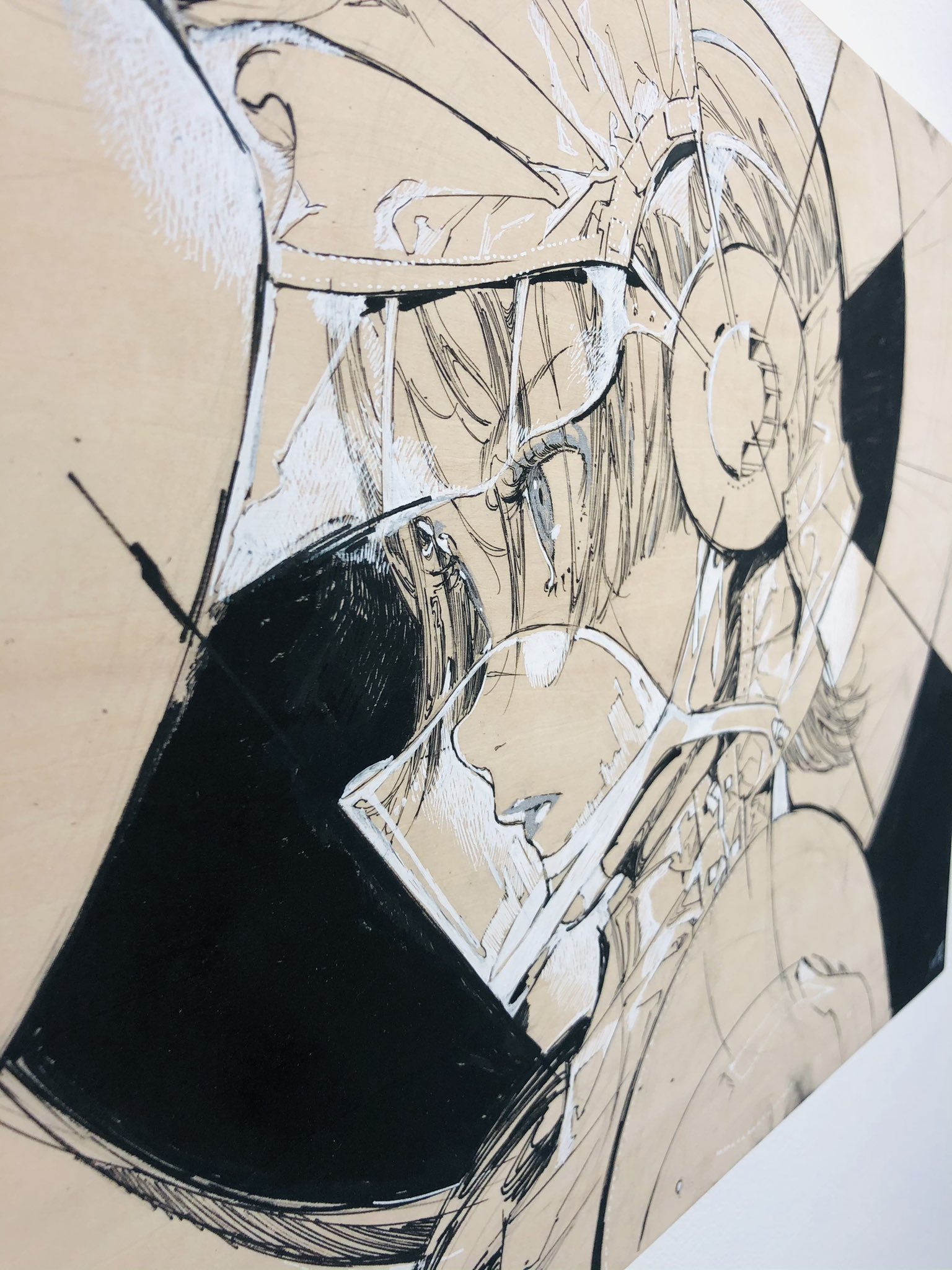 a sideview closeup of a mangastyle illustration depicting a female warrior. the drawing, done primarily in black ink on a light wood panel, highlights the intricate details of the warrior's helmet and armor. the unfinished style of the artwork, with visible pencil marks and guidelines, adds to its artistic charm.