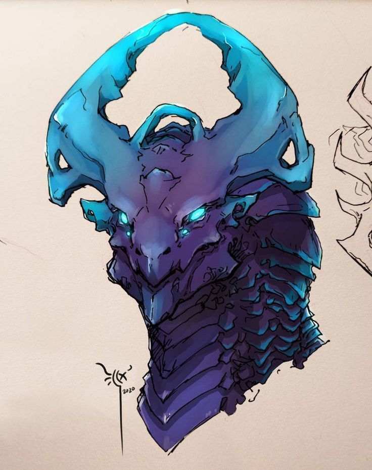 a detailed fantasy art illustration of a dragon's head and neck. the dragon has blue horns and a purple, scaled neck. the art style is reminiscent of concept art or a sketch, with bold outlines and shading. the dragon has glowing blue eyes.