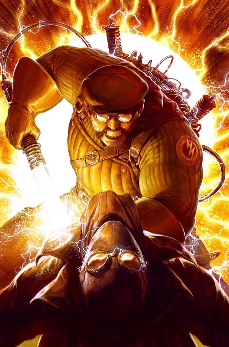 the image shows a comic book scene of two heroes fighting, surrounded by electricity and sparks. the hero in the front is dressed in a yellow and brown steampunk suit, with a steampunk weapon, and a goggles mask. the other hero is wearing a brown suit and black mask, with goggles, and is being attacked by the other hero. the background is filled with bright, orange, and white colors, symbolizing energy, action, and electricity. the illustration is highly dynamic, with dramatic lighting and intense composition.