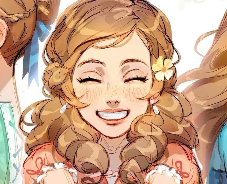 the image is a digital art illustration of three female characters. they are all drawn in an anime style. the character in the middle is the focus of the image. she has long brown hair that is styled in curls. she is wearing a red dress with a white trim. she has freckles on her face and a big smile. the other two characters are on the side and are partially hidden behind the central character. they all look like they are having fun and are happy. the image is brightly colored and has a whimsical feel.