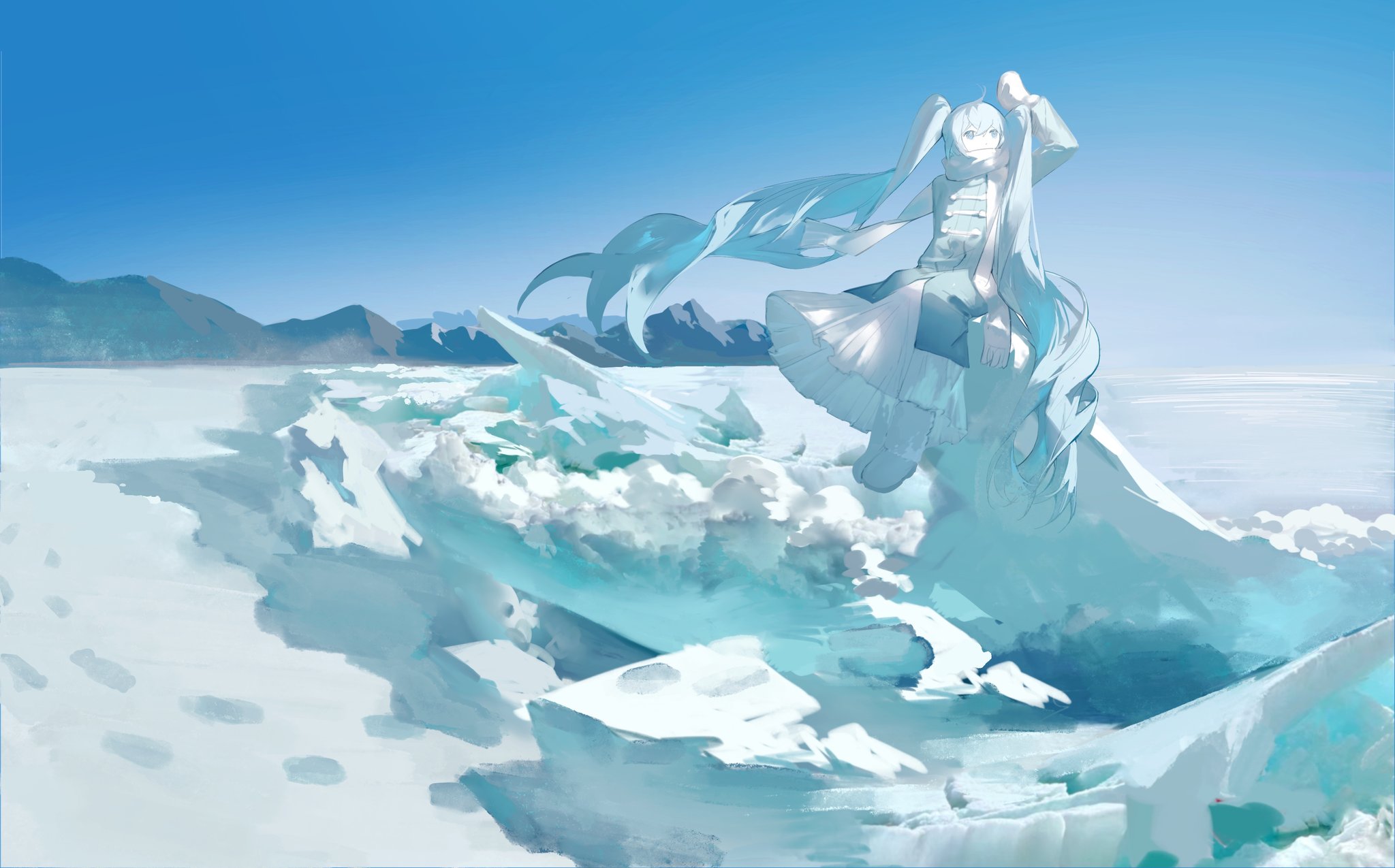 the image is a digital painting of hatsune miku, a popular vocaloid character, standing on a large expanse of ice. she is dressed in a winter outfit and her long turquoise hair flows behind her.  the background features a serene landscape of snowcovered mountains under a clear blue sky. the overall style is painterly and ethereal, creating a dreamy and magical atmosphere. the ice formations are depicted in various shades of light blue and white, creating a visually striking contrast against the clear sky and miku's outfit.  the scene suggests a cold, but peaceful and beautiful environment.