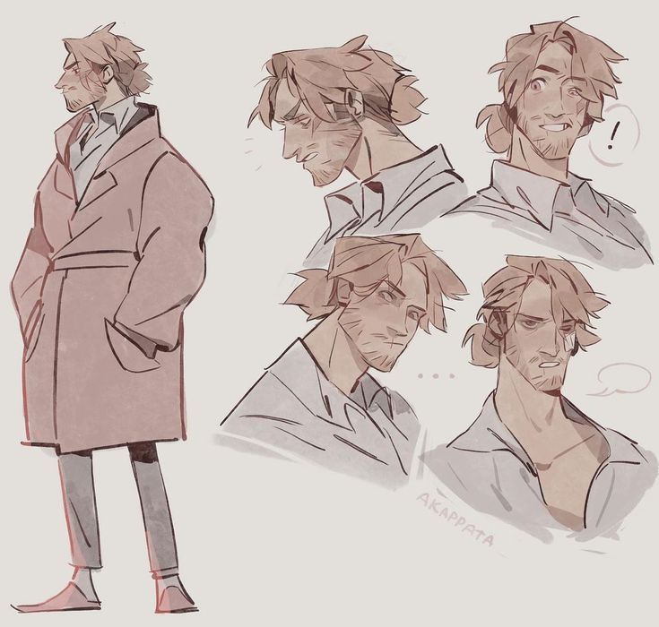 he image showcases a series of sketches of a male character in various poses and expressions.  the style is loose and expressive, typical of concept art or character design work. the character appears to be in his twenties or thirties, with brown hair styled differently in each sketch. he wears a long coat in one sketch, and shirts in others.  the expressions range from pensive to cheerful. the overall aesthetic is soft, with muted colors and a slightly melancholic feel.  the artist's signature or handle is visible near the bottom.