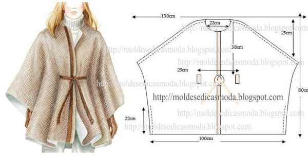the image shows a fashion illustration of a capelike outerwear garment next to a sewing pattern diagram with measurements.