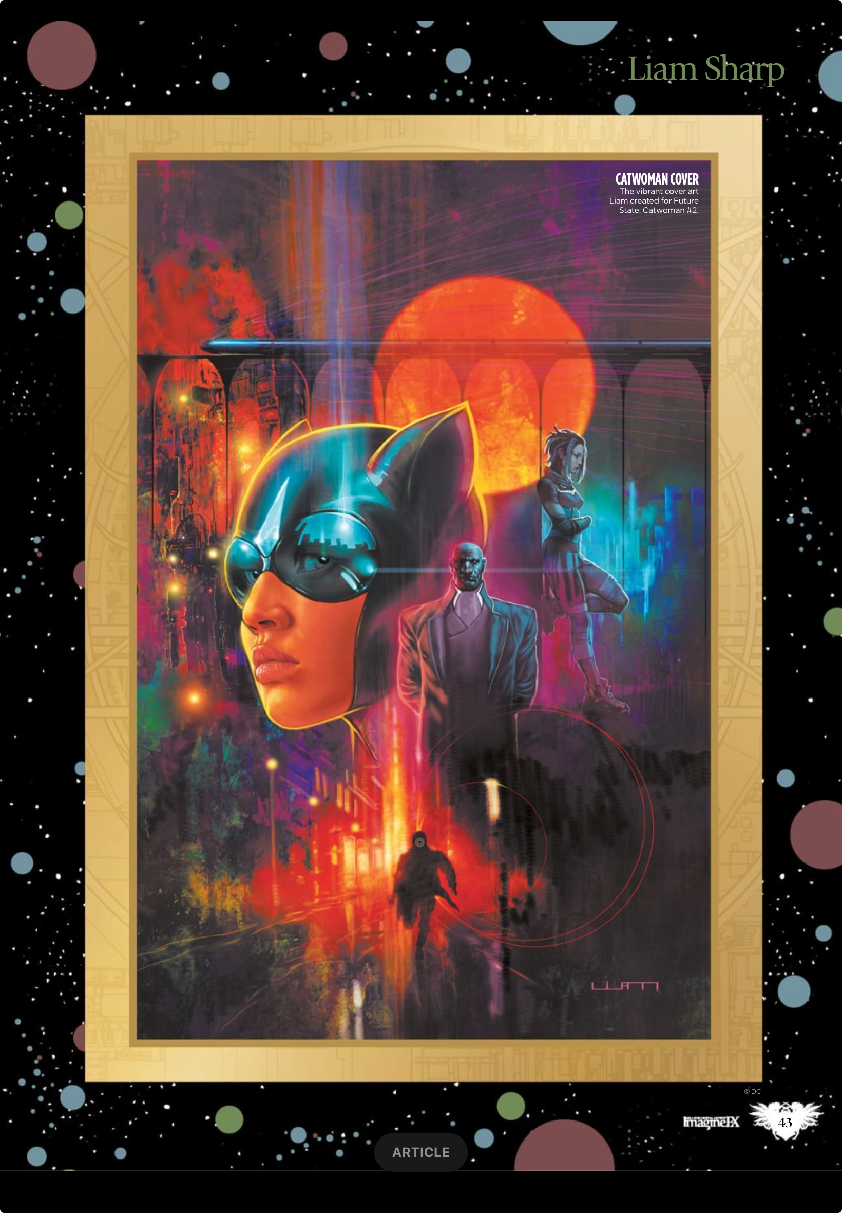 this is a comic book cover art for catwoman, featuring a cityscape as the background. the cover features a woman in a catwoman costume, a man in a suit, and a woman in a dress. the cover art has a mysterious, action packed feel to it, with the characters standing in front of a red and orange sky, and the city in the background. the title "catwoman" is written in bold white letters at the top of the cover, and the artist's name, liam sharp, is written at the top right corner.