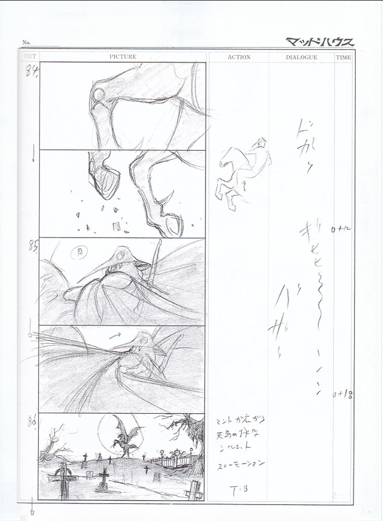 a page from a storyboard depicting a horse and rider leaping over a monstrous creature emerging from the ground. the scene is set at night in a graveyard with a full moon in the sky. the style of the sketch is dynamic and suggests a sense of action and movement.