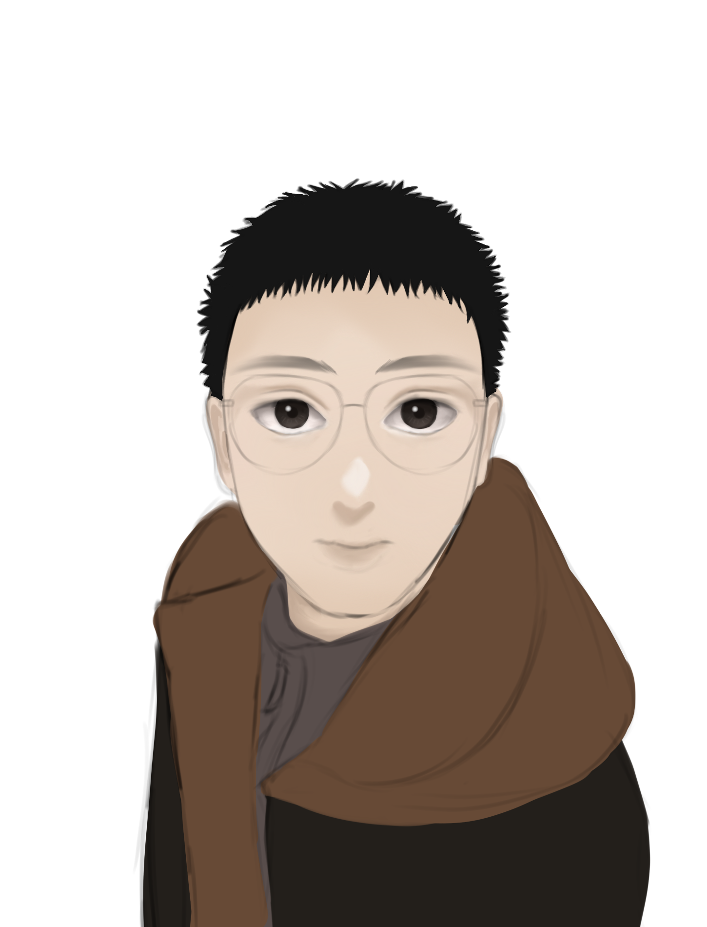 a cartoon drawing of a man with glasses, short black hair, and a brown jacket.