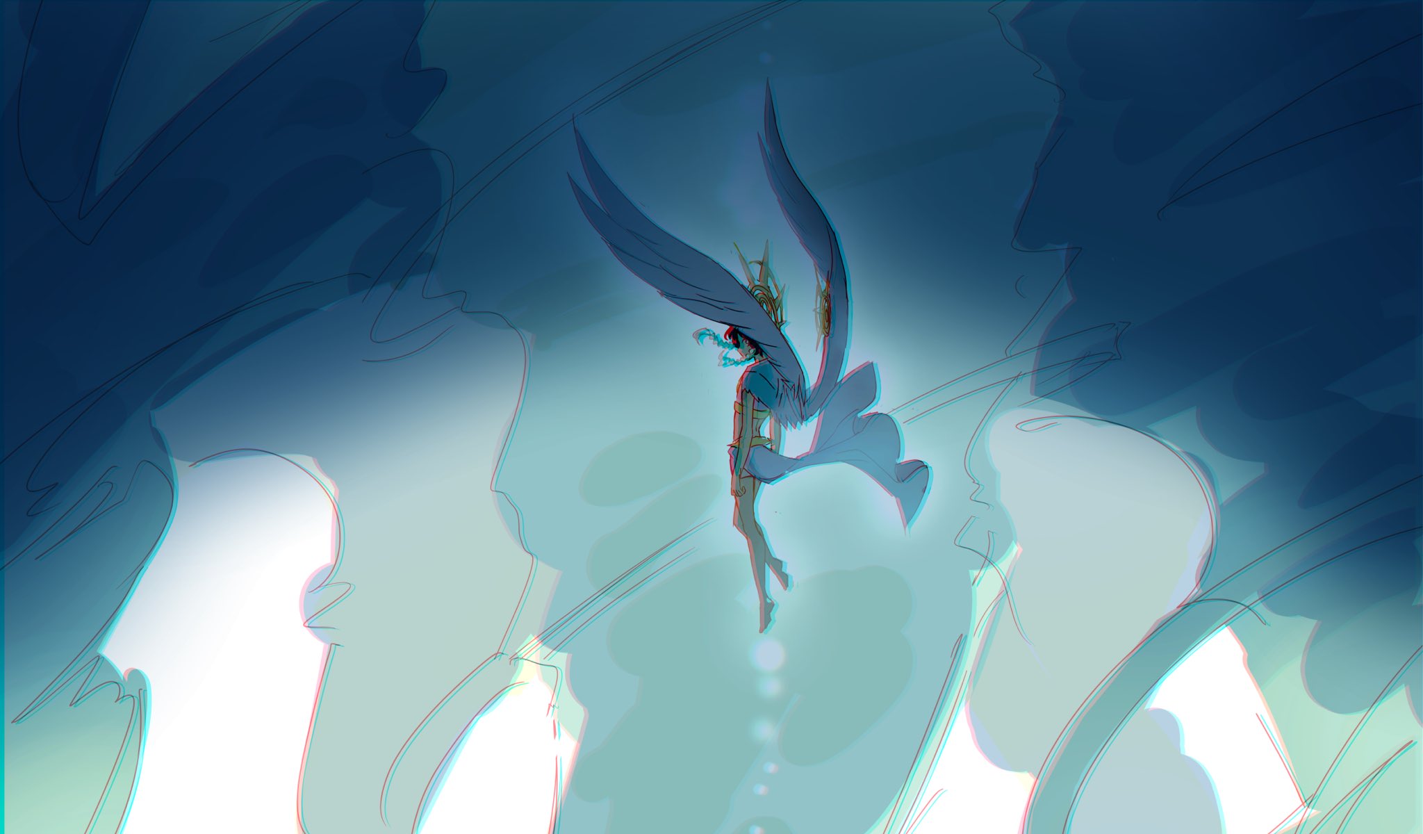 a blue and white image of an angel with its wings spread out, falling through the sky. the background is a blur of colors and shapes, creating a dreamlike and ethereal atmosphere.