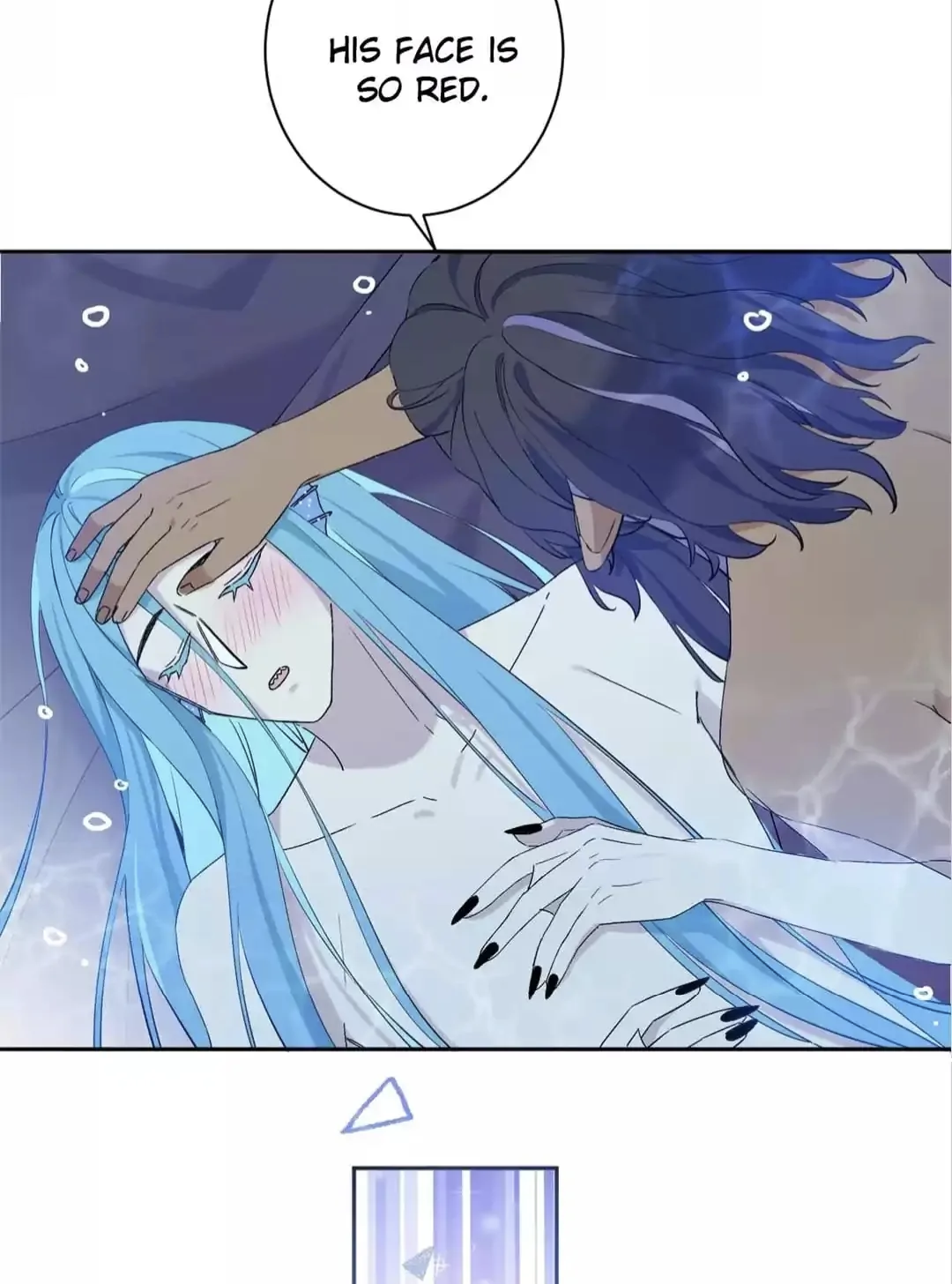 the image is a closeup panel from a manga or comic, showing a tender moment between two characters.  a young woman with long, bright blue hair lies on what appears to be an underwater surface.  a young man with dark hair is gently holding his hand over her eyes. her face is slightly flushed, suggesting shyness or embarrassment. the panel's background features waterlike textures and a soft purpleblue color scheme. a speech bubble above the main panel states, "his face is so red," indicating the man's emotional state.  the art style is soft and delicate, emphasizing the emotional intimacy of the scene. a small, seemingly transition panel is shown at the very bottom.