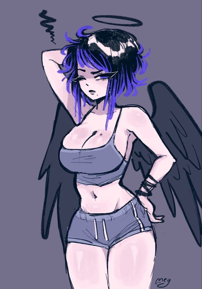 a cartoon drawing of an anime woman with black wings and a halo over her head. she is wearing a blue tank top and blue athletic shorts. she is looking at the viewer with a confused or frustrated expression.