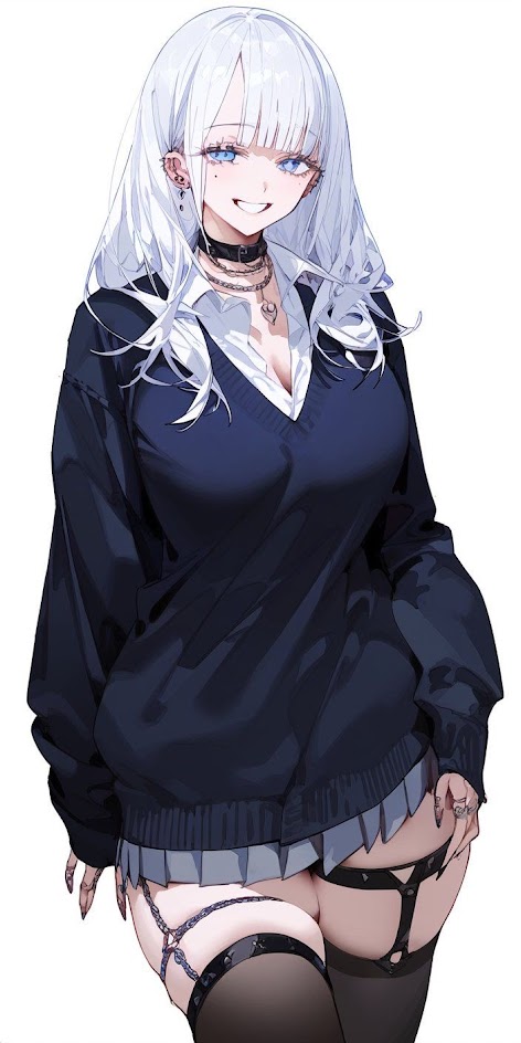 this is a drawing of an anime girl with white hair and blue eyes. she is wearing a black sweater, black skirt, and black stockings with garter belts. she is smiling and looking at the viewer. the background is white.