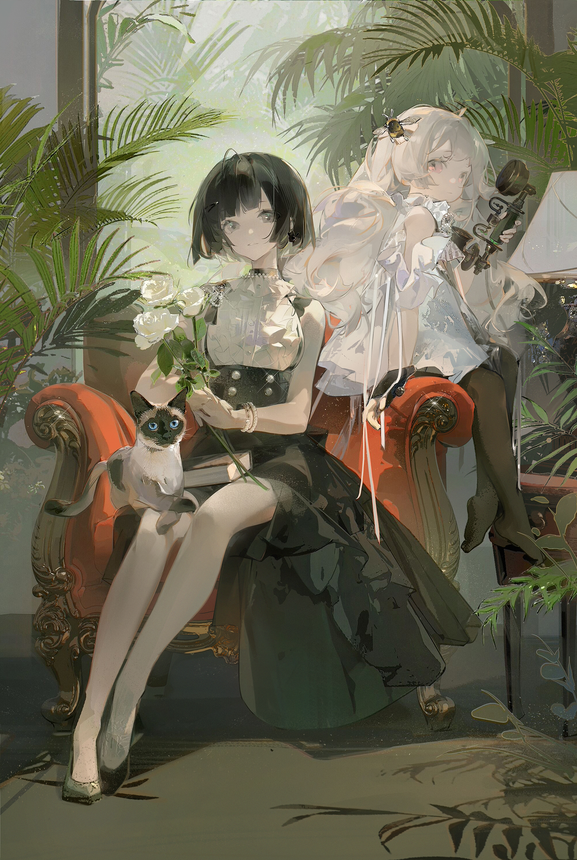 the illustration depicts two animestyle girls seated on a plush, ornate chair amidst lush greenery. one girl, with short dark hair, wears a dark dress and holds a bouquet of white roses. a siamese cat sits on her lap. beside her, a girl with long, light hair is dressed in a lightercolored dress. the overall style is serene and whimsical, with a focus on soft colors and elegant details. the setting suggests a tranquil, indoor garden.