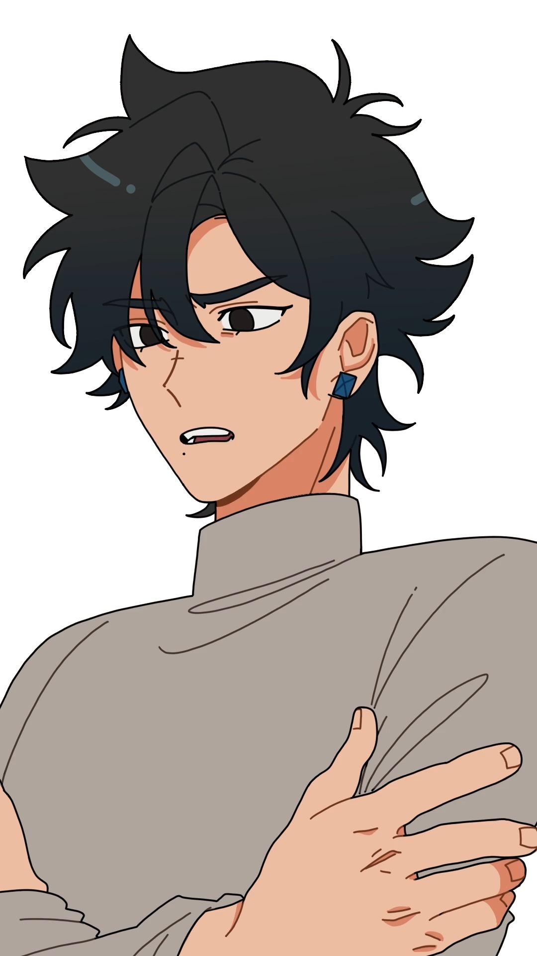the image is a closeup digital drawing or illustration of a young anime or mangastyle male character. he has dark, somewhat spiky hair, and is wearing a gray turtleneck sweater. he appears to be pensive or thoughtful, with a slightly concerned expression on his face.  his hands are clasped loosely in front of his chest. the background is plain white, emphasizing the character. the style is relatively simple and clean, with minimal detailing.  the character has a small, darkblue earring in his left ear.