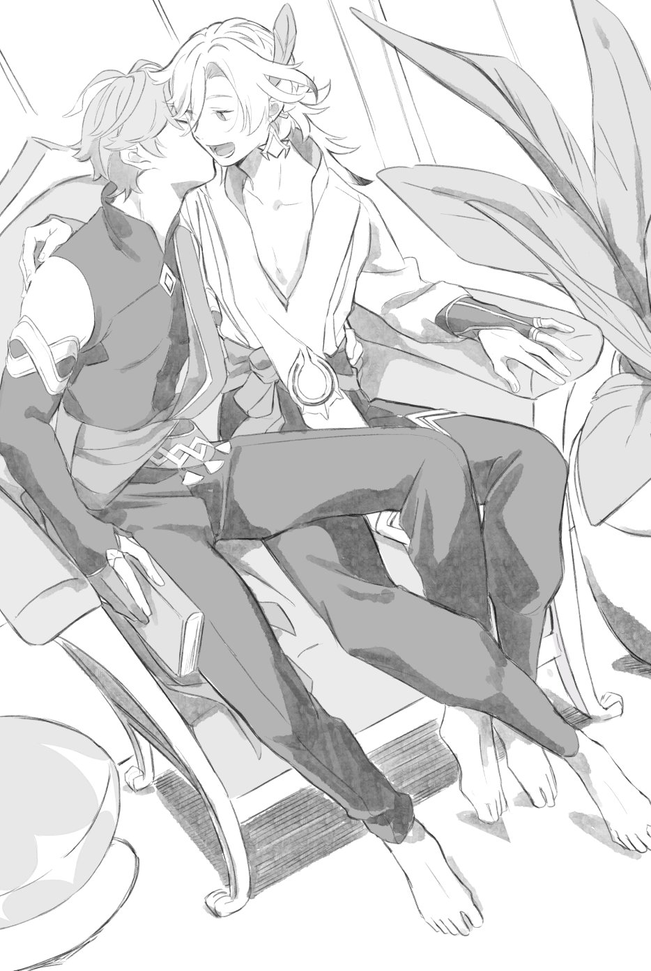a monochrome drawing of two anime boys sitting on a chair, with one of the boys kissing the other on the cheek. the boy who is receiving the kiss looks up and smiles. they are both drawn in a soft, gentle style, and their expressions are full of affection. the drawing is simple but effective, and it captures a sweet moment between two young men.