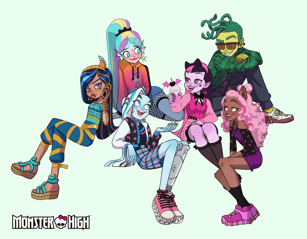 this vibrant fanart features the ghouls of monster high's gen 3, including clawdeen wolf, frankie stein, cleo de nile, lagoona blue, and deuce gorgon, casually hanging out. the artwork showcases their unique styles and personalities.
