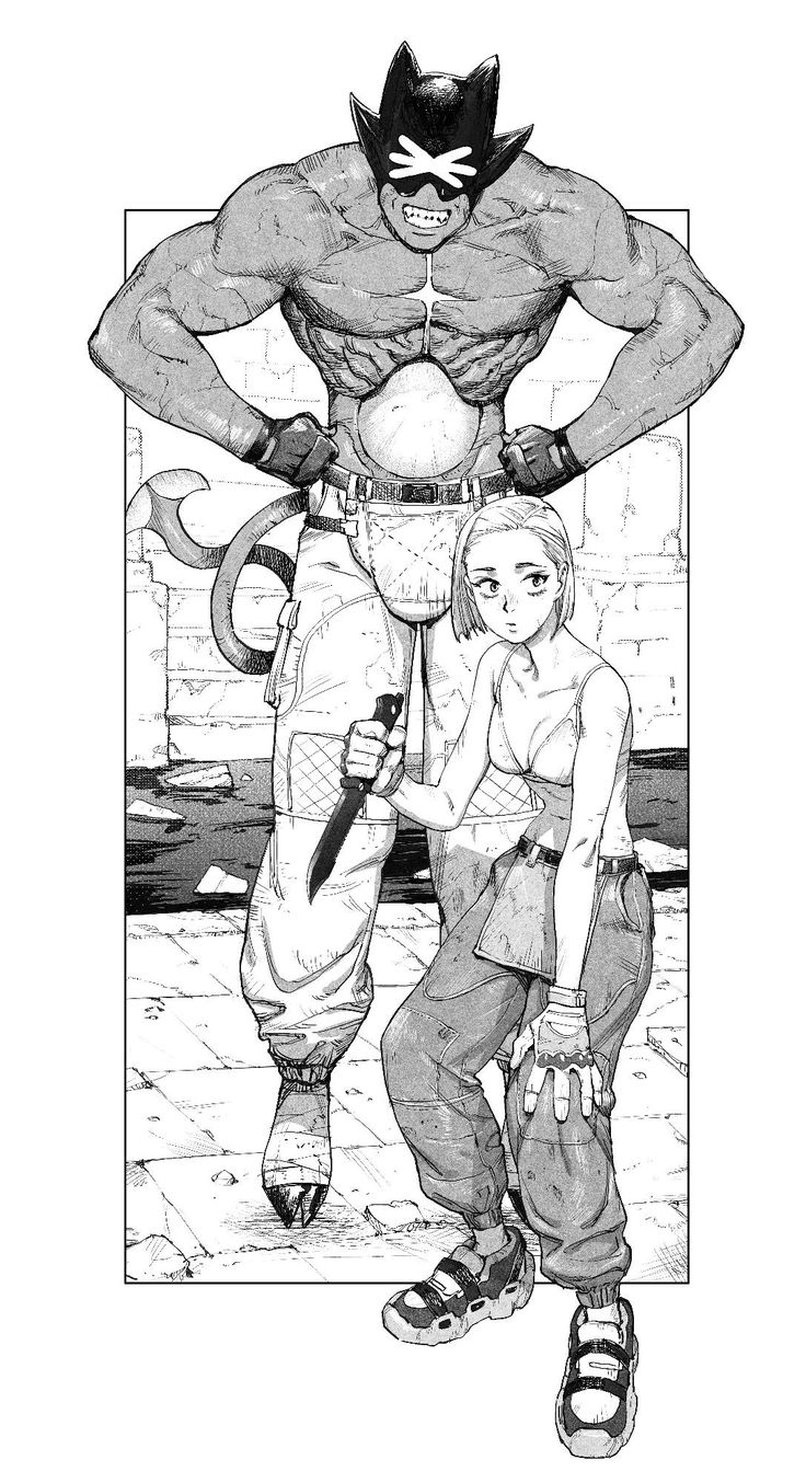 a man and a woman are drawn in a manga style. the man is a masked superhero or supervillain wearing a long coat and boots. he has a muscular build. he holds a large knife in his hand. the woman is holding a knife. she appears to be a regular person. she is standing in front of the man and is looking up at him. the background appears to be a city or a street. there are buildings and a street in the background.  this image is a graphic, stylized artwork, with strong lines and texture,  highlighting the action and intensity of the situation.