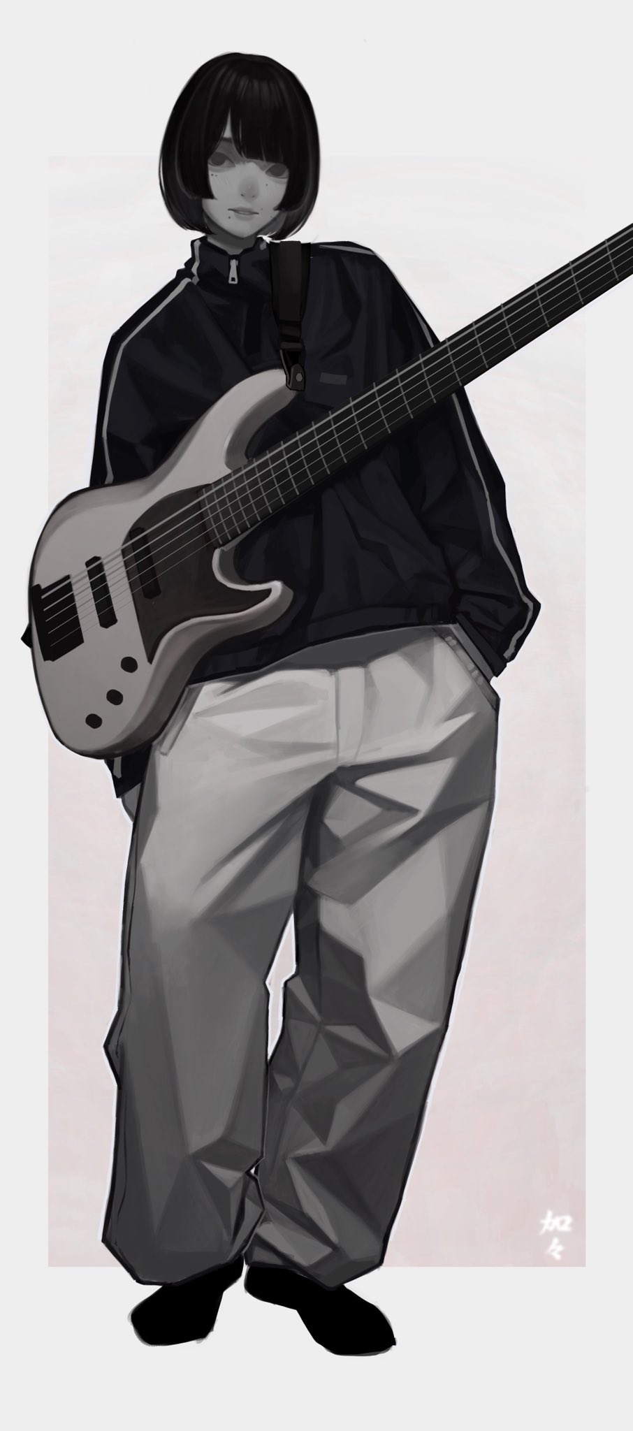 he image is a digital illustration of an animestyle girl holding a bass guitar. she has short black hair and is wearing a black jacket, light grey pants, and what appears to be a strap across her chest. the overall style is monochrome, with shades of grey dominating the color palette. the girl's expression is neutral, and she's standing in a casual pose, suggesting a relaxed but cool aesthetic. the background is a simple, light pinkishgrey that contrasts with the darker tones of the character and the instrument. the overall style is sophisticated and contemporary, capturing a stylish and somewhat mysterious mood.