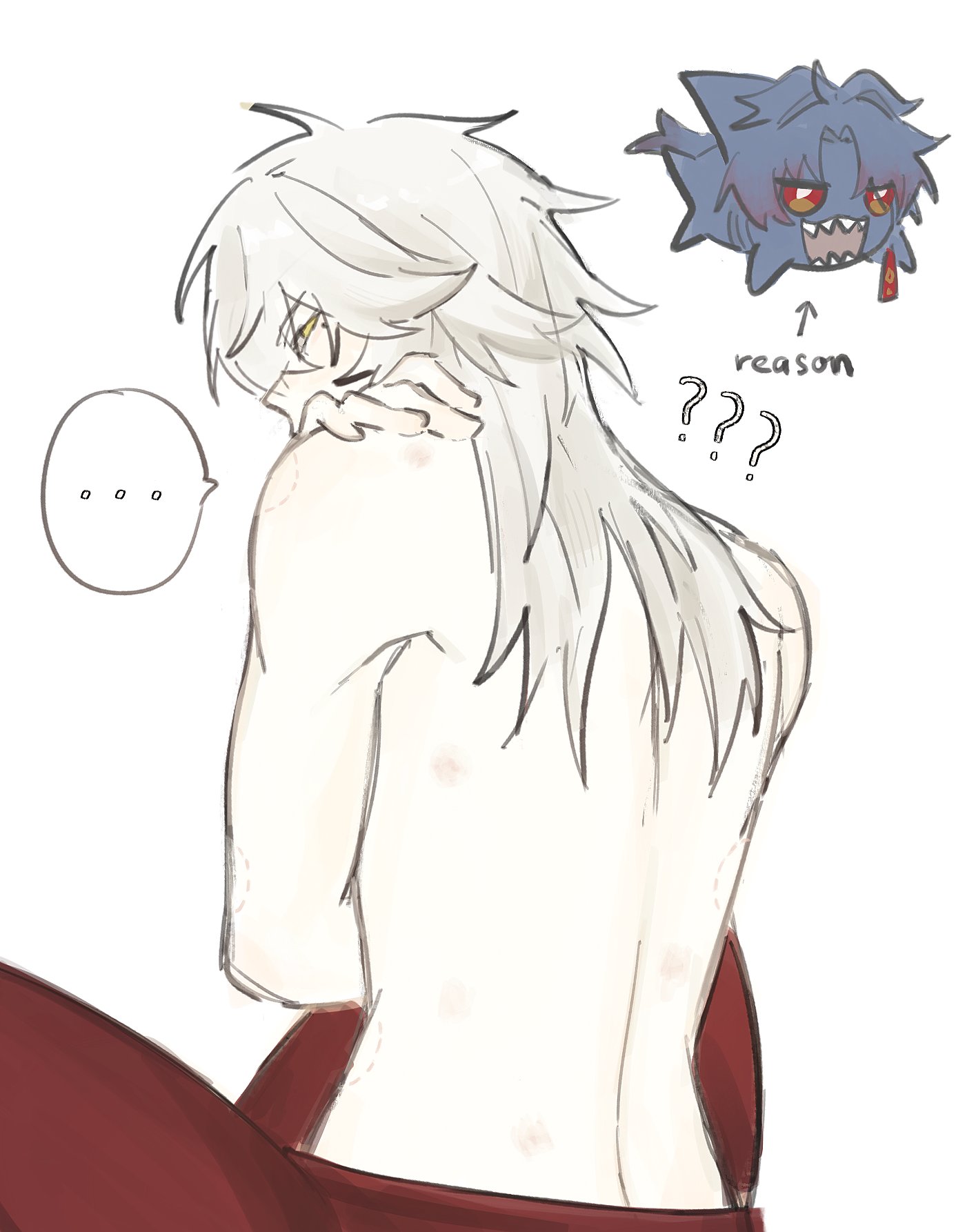 a digital drawing of an anime male character, he's looking at his back and appears to be confused, there are several scars on his back.  there's a cartoon shark above him, and a thought bubble above him with "reason" written above it and a question mark inside.