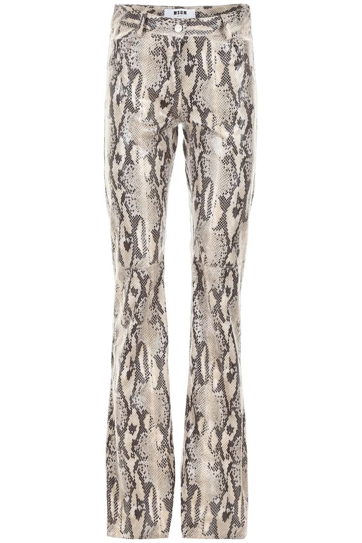 snakeskin print flared pants in beige, white, and black.