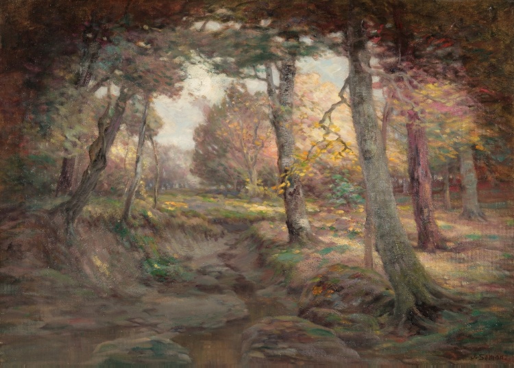 the image is a painting depicting an autumn forest landscape. it showcases trees with foliage in various shades of green, yellow, and red. a stream flows through the scene, with rocks visible in and around the water. sunlight filters through the trees, creating highlights and shadows throughout the landscape. the style is reminiscent of impressionism, capturing the seasonal atmosphere and natural beauty of the woods. the artwork is signed by the artist, j. semon.