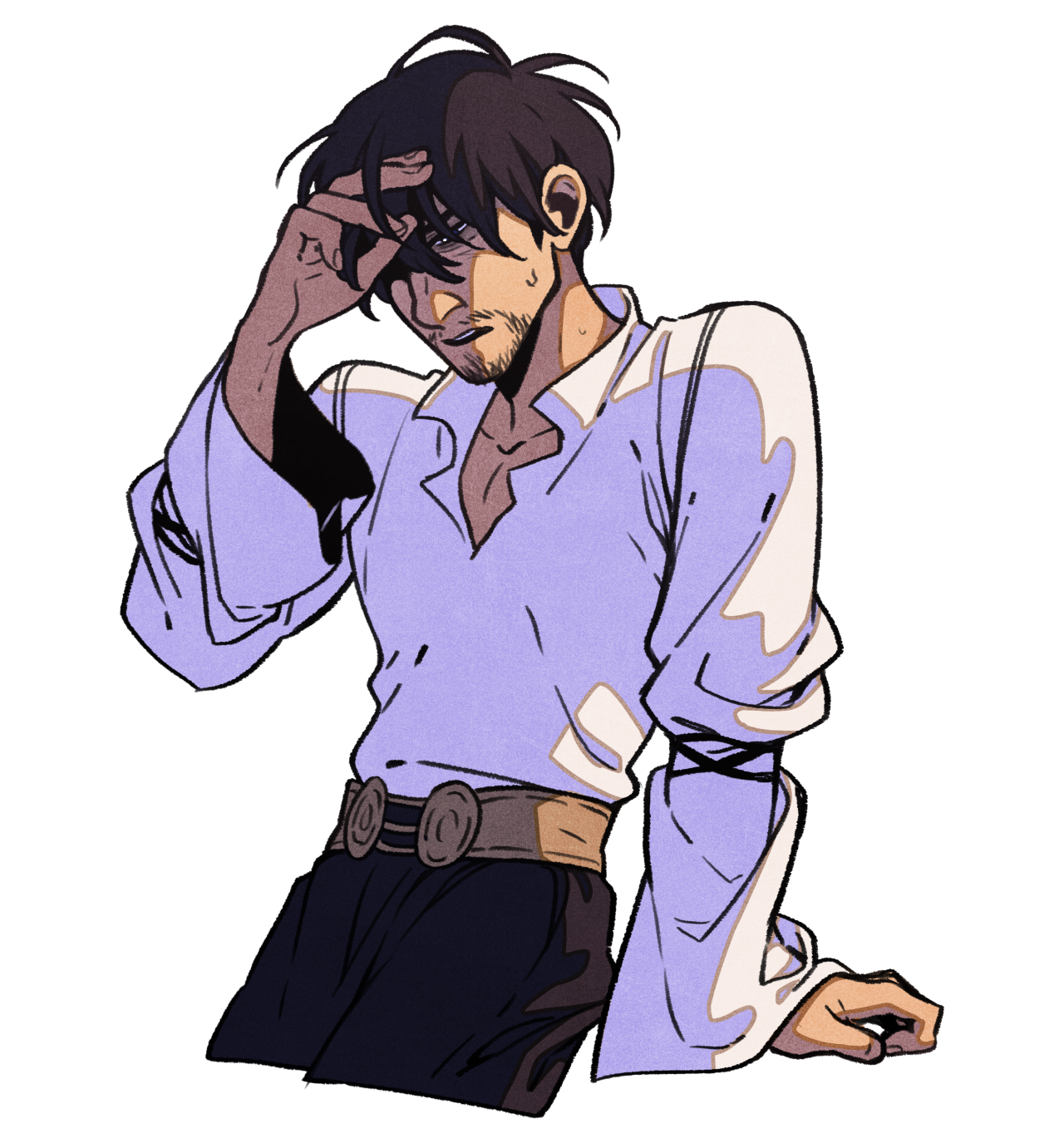 the image shows a digital illustration of a man with his hand on his forehead, his expression suggesting pain or exhaustion. he is wearing a loosefitting purple shirt with rolledup sleeves and dark pants with a gold belt. the style is reminiscent of fantasy character art, with a focus on the character's portrait. the lighting is bright and even, like studio lighting, and the perspective is slightly below eye level.