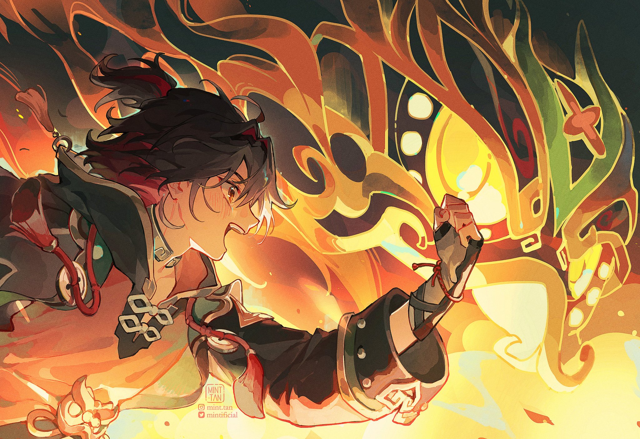 this digital art piece features an animestyle young male character with fiery red hair and a determined expression. he is clad in a red and black outfit with intricate details, his right fist clenched as he faces off against a majestic dragonlike creature. the creature's design is a mix of fiery orange and gold, its intricate patterns suggesting a mythical, powerful being. the background is a vibrant mix of flames and colors, adding to the intensity of the scene. the overall mood is actionpacked and suggests a fierce battle, possibly against a formidable foe. the art style is vibrant and expressive, showcasing the character's determination and the creature's power.