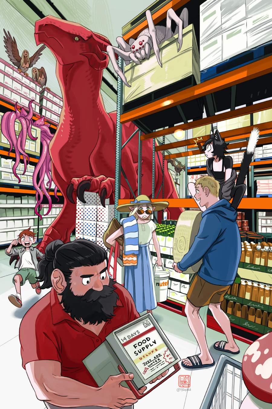 the image is set in a grocery store with aisles filled with boxes and other groceries. a large red dragon with a pink tentaclelike appendage is walking down the aisle. it's head is visible at the top of the image, and its tail extends beyond the frame of the image. a large spider hangs from a shelf above the dragon. in the foreground, there are several people shopping. a man with a thick beard and a red shirt is holding a box labeled "food supply." a woman wearing a hat and a blue and white striped dress is holding a shopping bag. a man in a blue shirt is grabbing a large roll of plastic wrap. all of the people in the image appear to be surprised by the dragon.
