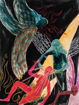 the image is a painting of a surreal and mystical scene. it features several human figures, with one being a winged angel. the angel is depicted with blue and green wings, and its body is obscured by its own form. the other figures appear to be emerging from a stream of light, which is painted in a vibrant yellow and orange. their bodies are distorted and flowing, suggesting a state of transformation or ascension. the background is a dark and abstract landscape, with hints of red and purple. the overall atmosphere of the painting is dreamlike and ethereal, suggesting a realm beyond the everyday world.
