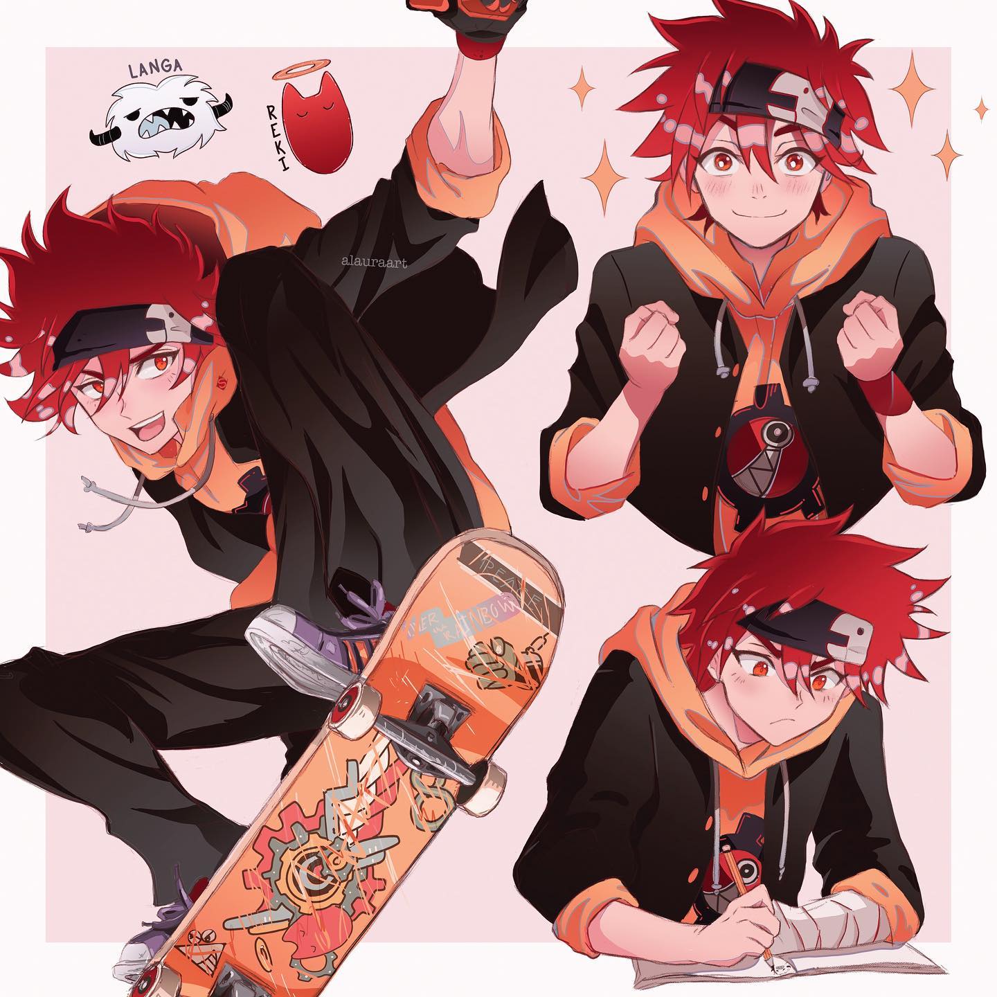 a digital illustration of the same anime character in 3 different poses.  the main colors are black, orange, and red.  the boy has red hair, an orange hoodie, and is holding a skateboard in one of the poses. there are three small cartoon drawings near his head that are black, white, and red.  the background is white.