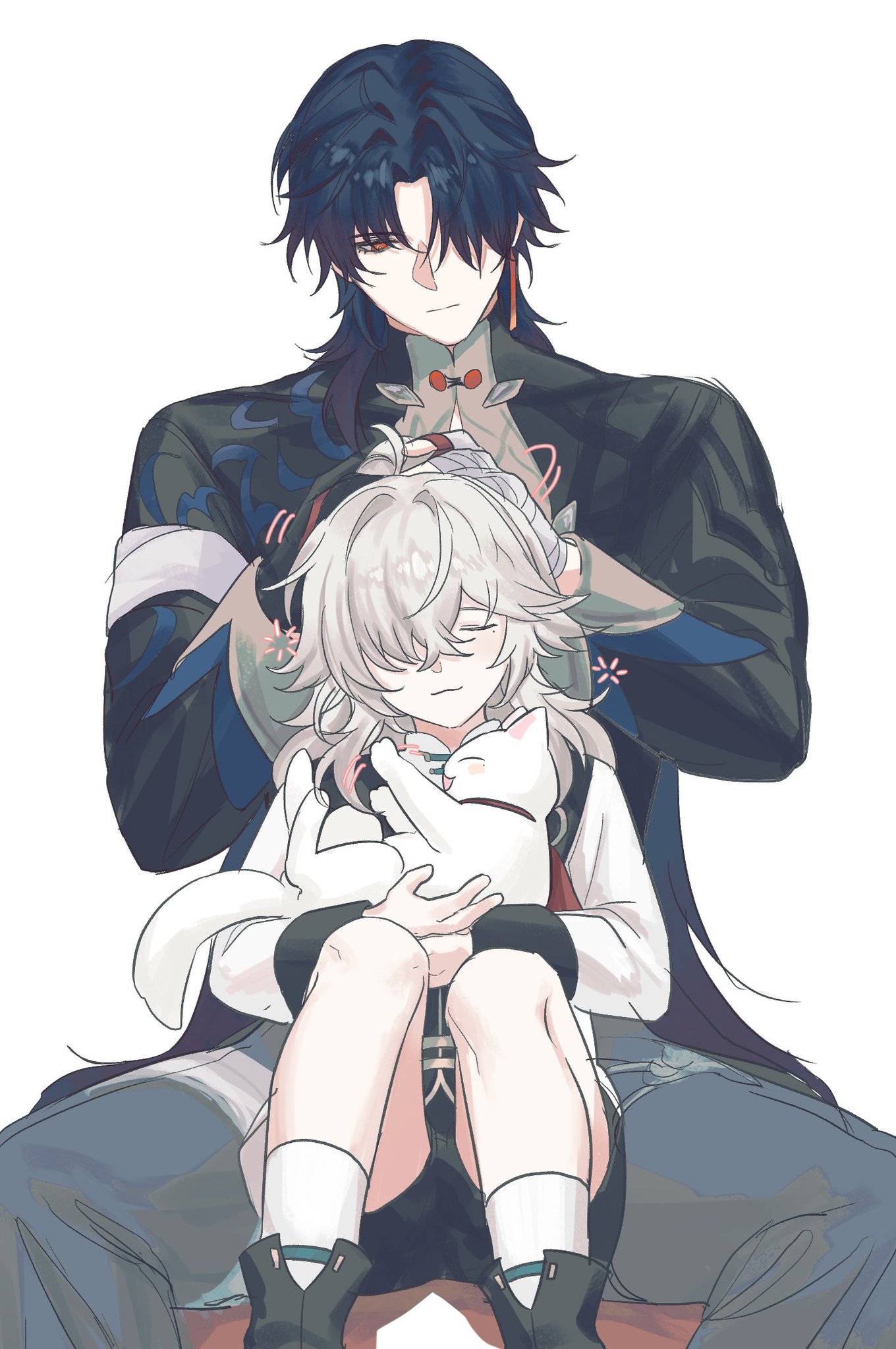 the image features a couple of anime characters sitting together. the girl has white hair and is holding a white cat in her arms. the boy has black hair and is gently holding the girl's head. they both appear to be happy and relaxed, suggesting a close and affectionate relationship. the image is drawn in a soft and delicate style, with muted colors and a white background. the overall mood is one of love, comfort, and intimacy.
