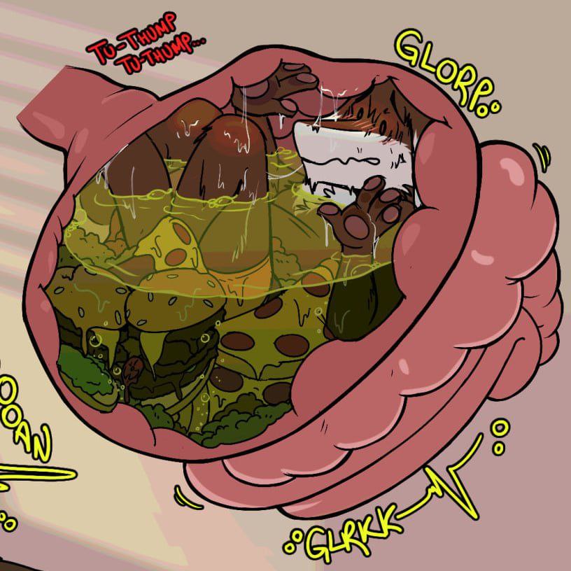 a cartoon furry with brown fur is being digested inside a large pink stomach. the stomach has a small green creature on the bottom, which seems to be digesting the furry. the creature is surrounded by  a green soup. the image is drawn in a digital comic style.