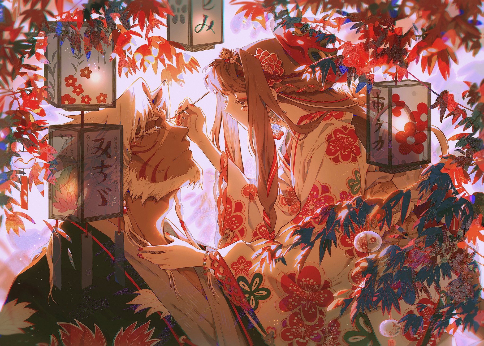 an anime style illustration of a young woman in a kimono and a man with long white hair. the woman has brown hair, pink eyes, and a long brown braid. she is wearing a white kimono with red flowers and a pink sash. the man has red eyes and a white beard, with a black and red kimono.  they are standing in a forest with cherry blossoms and lanterns. the woman is smiling, and the man is looking at her.  the image is a romantic and magical illustration of a couple in love.