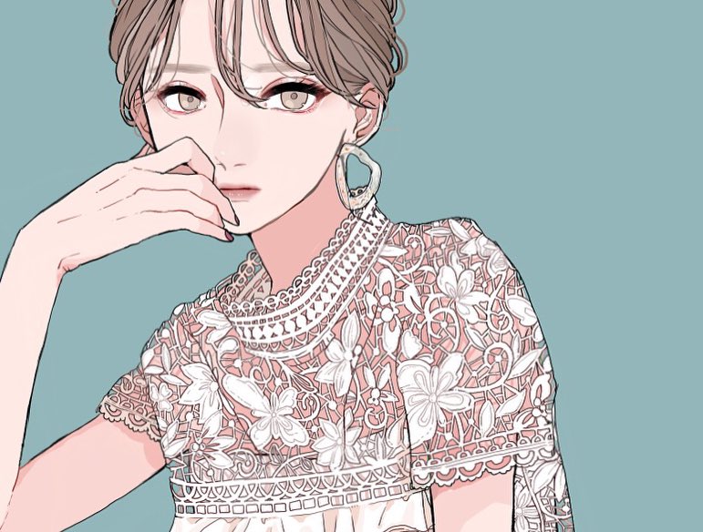 an animestyle illustration of a woman with light brown hair pulled into a bun and bangs framing her face. she has light brown eyes and pale skin. she's wearing a white lace dress with a high collar and a floral pattern, and a unique earring. her hand is near her face as if in thought, and she has a pensive or contemplative expression. the background is a muted blue.