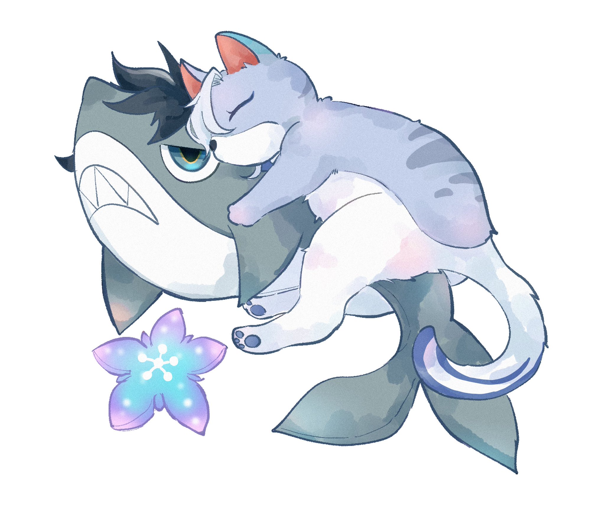 a cute cartoon illustration of a shark and a cat cuddling. the shark is gray and has a large fin and tail. the cat is white and gray with blue eyes and is sleeping on top of the shark. there is a purple flower in the bottom left corner of the image. the background is a white watercolor wash.