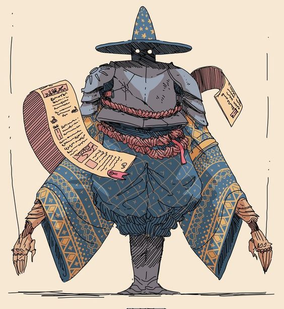 a fullbody illustration of a wizardly character wearing a widebrimmed pointed hat, a breastplate over flowing robes, and gripping scrolls in each hand. their face is an obscured shadow under the hat, and their hands appear skeletal.  the style leans into a stylized, handdrawn aesthetic.