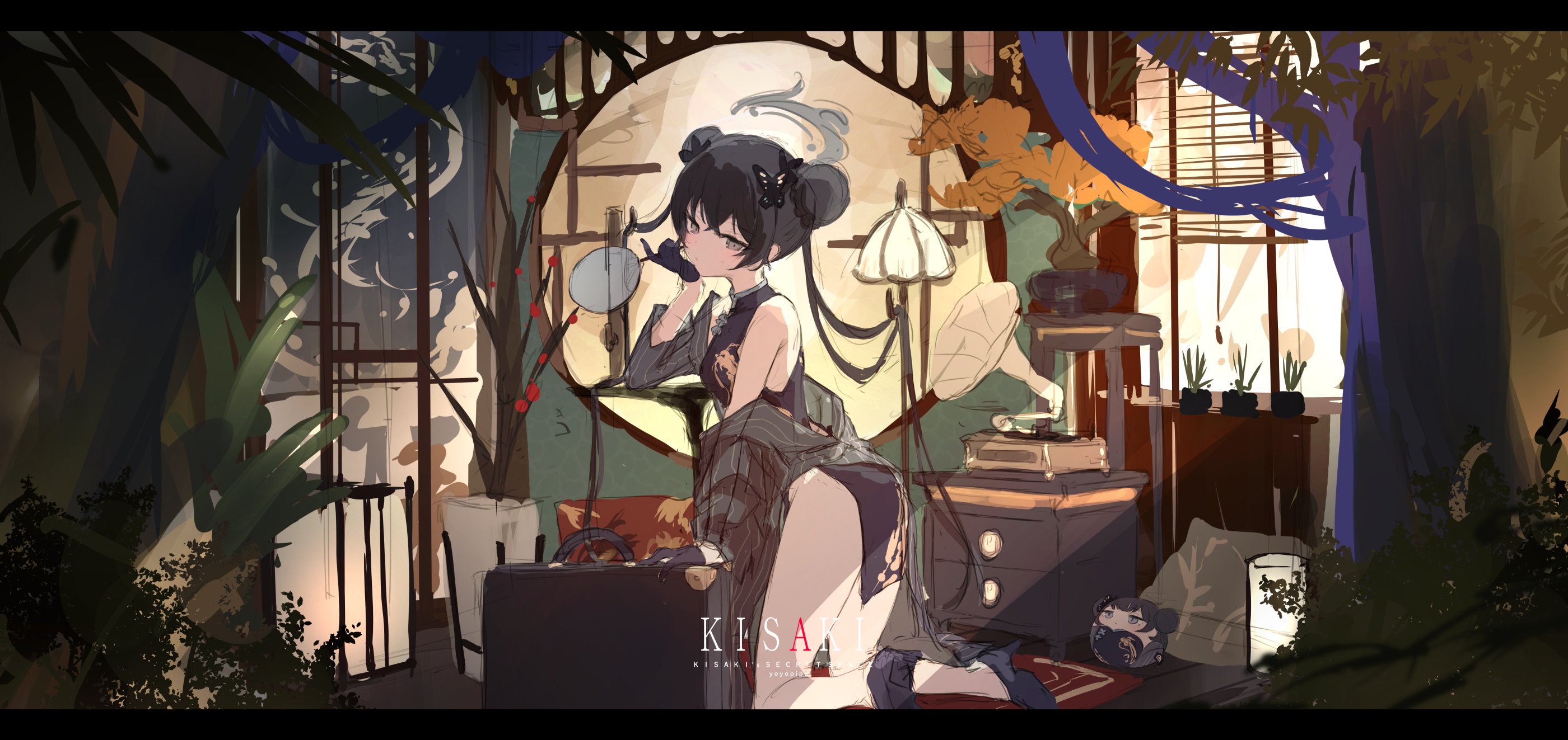 an anime style image shows a girl in a cheongsam dress with an updo hairstyle smoking a pipe while posing inside a room filled with plants, furniture, and other objects. the text "kisaki" is visible in the bottom center of the image.