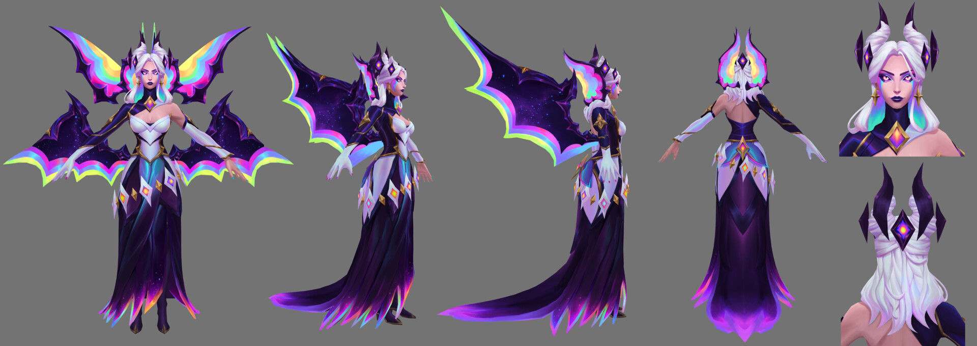 this is a concept art piece of seraphine from the popular video game league of legends. she's a magical girl dressed in a purple and white gown, with huge wings on her back, and her hair is long and white.  the image is designed in a fantasy style, with colorful and magical elements.