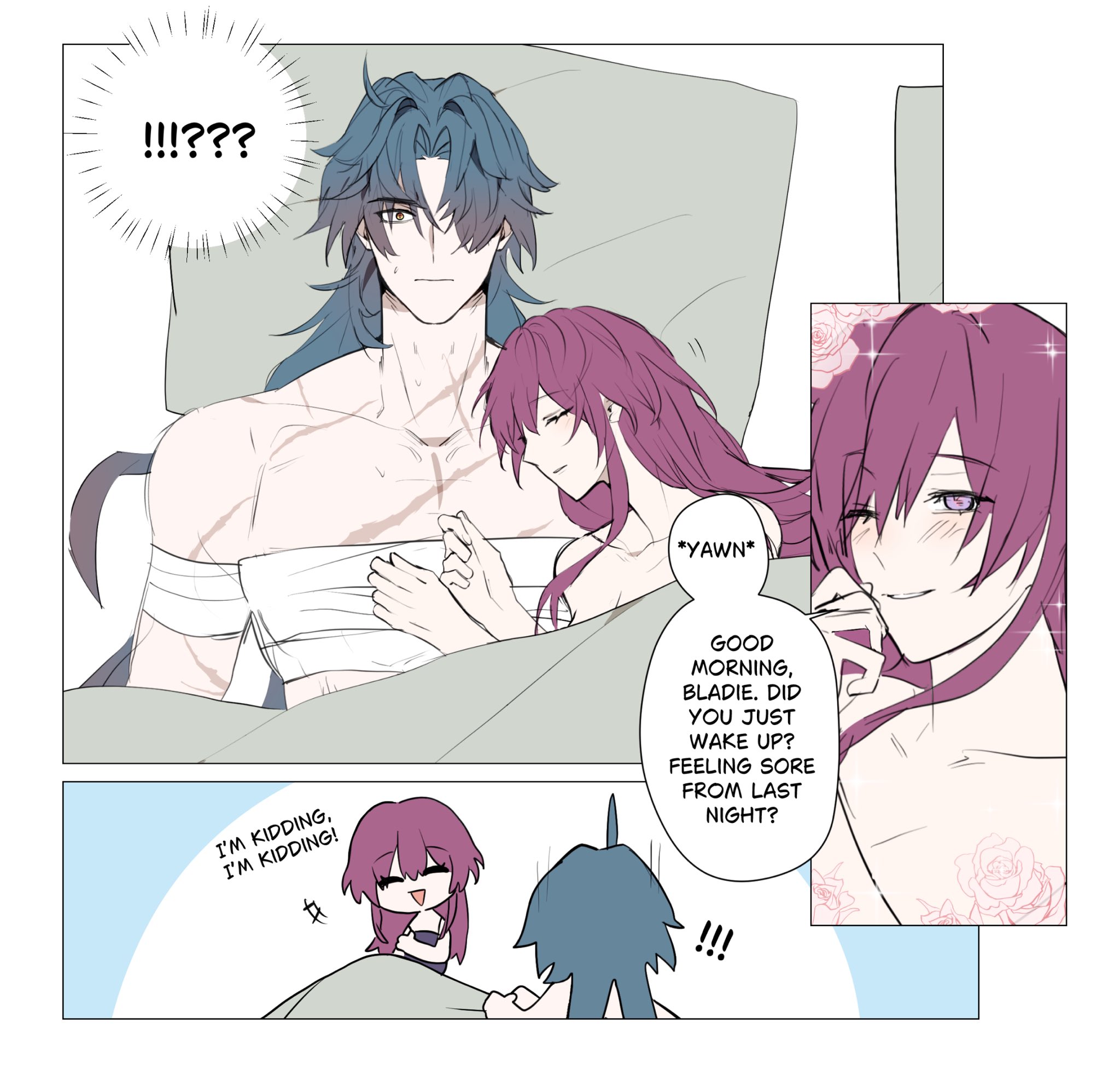 the image is a manga panel showing a couple in bed. the man is in the background and the woman is closer to the viewer. they are both blushing and looking at each other. the woman is saying "good morning bladie. did you just wake up? feeling sore from last night?" the man is yawning and the woman is smiling
