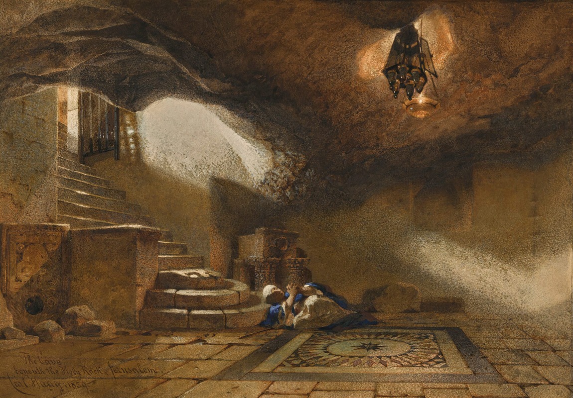 the image depicts a painting of a cave with stairs leading up to an entrance with light streaming in. a man and a woman are kneeling in prayer on a rug with a geometric design. a chandelier hangs from the ceiling, providing additional light. the scene evokes a sense of religious devotion and reverence in a holy site, possibly in jerusalem.