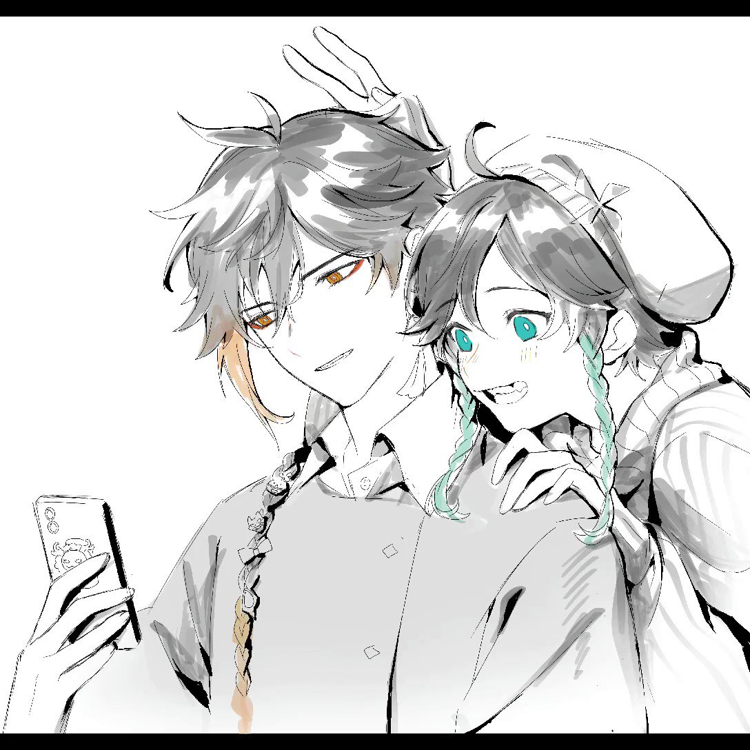 a black and white illustration of a young anime boy with long black hair and a young anime girl with blue hair. they're both smiling and the girl has her arms wrapped around the boy's shoulders. the boy is looking at his phone and smiling at the girl. it's a sweet illustration of a couple enjoying each other's company.