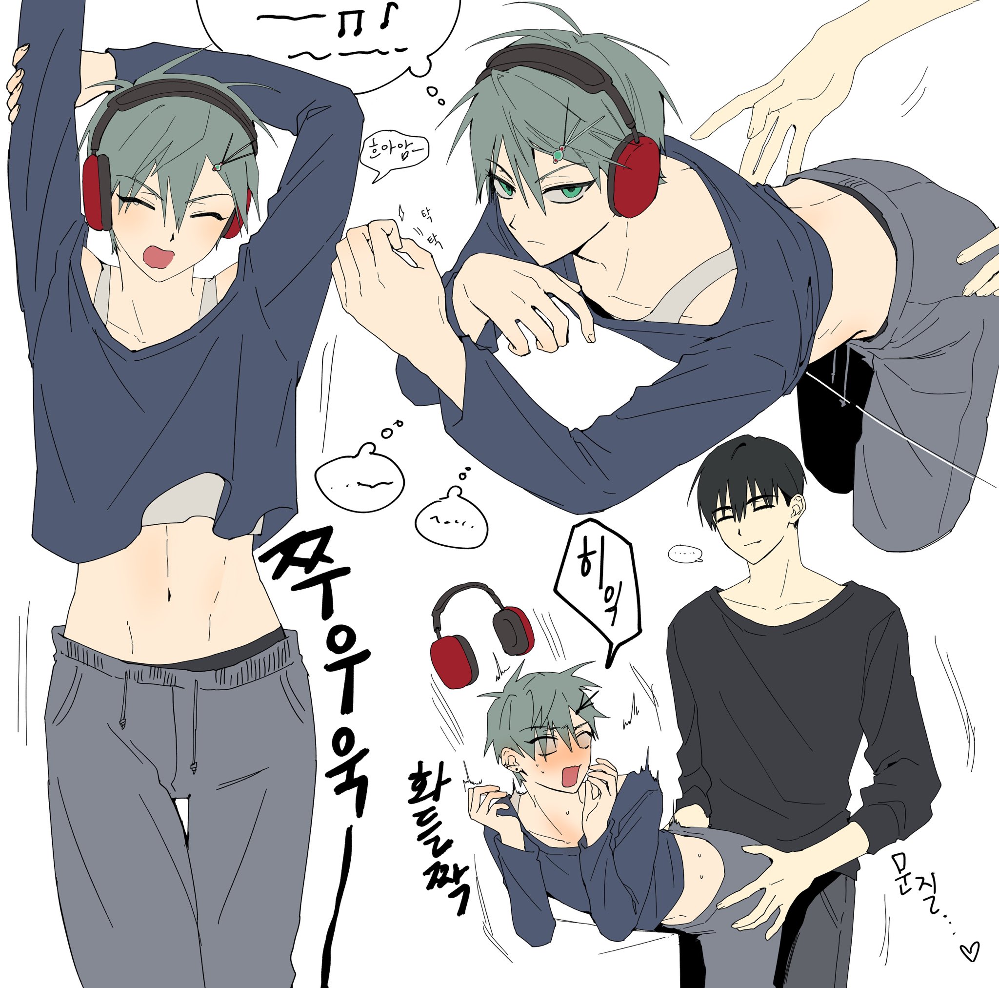 the image is a digital drawing of four anime boys. the four boys are all dressed in casual clothing. the boys are in different poses. some of the boys are smiling while some are blushing. the drawing has a soft and romantic feel. the boys are looking at each other with love and affection. the background is white. there are some text bubbles around the boys. the image is drawn in an anime style.