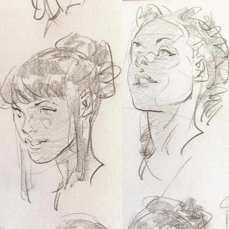 the image contains two pencil sketches of women's faces and heads in portrait style. the left sketch shows a woman in profile with bangs and her hair in a ponytail. the right sketch depicts a woman looking upwards.